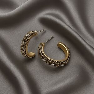 Gold Textured Half-Hoop Earrings – Sparkling Accents, Elegant Everyday Glam